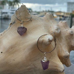 Electroformed Amethyst silver hoop earrings